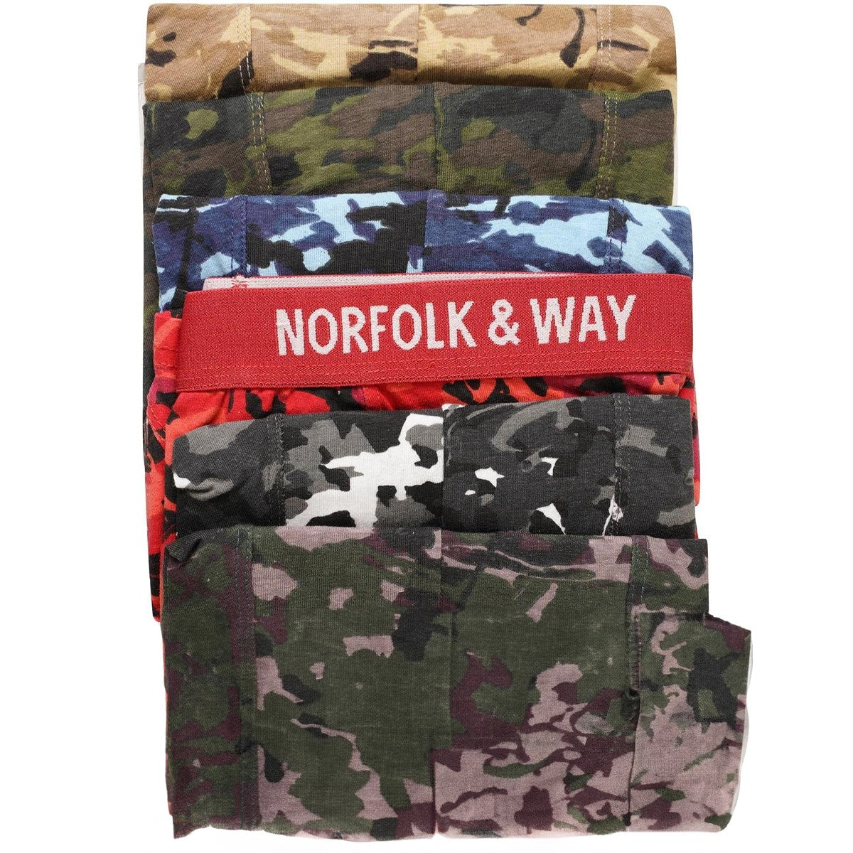 Blue-Red-Olive-Sand-Green-Grey - Lifestyle - Norfolk & Way Mens Camouflage Cotton Blend Boxer Shorts (Pack of 6)