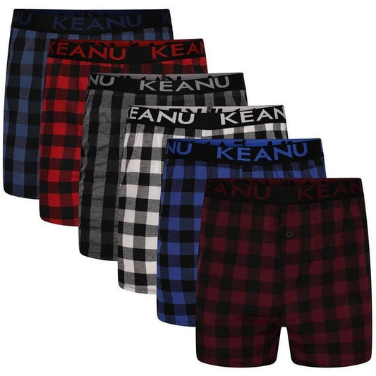 Burgundy-Blue-White-Grey-Red-Royal Blue-Black - Front - Keanu Mens Checked Cotton Blend Boxer Shorts (Pack Of 6)