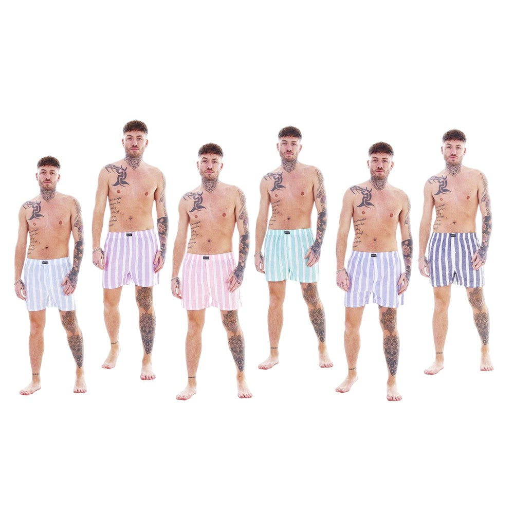 Multicoloured - Close up - Keanu Mens Pastel Striped Woven Boxer Shorts (Pack of 6)