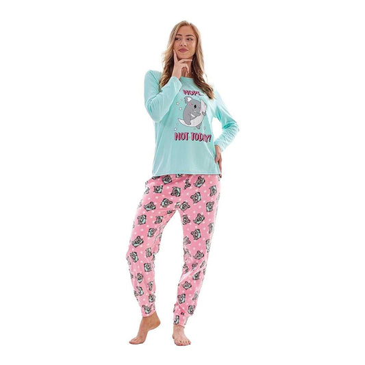 Blue-Pink - Front - Keanu Womens-Ladies Not Today Koala Microfleece Long Pyjama Set