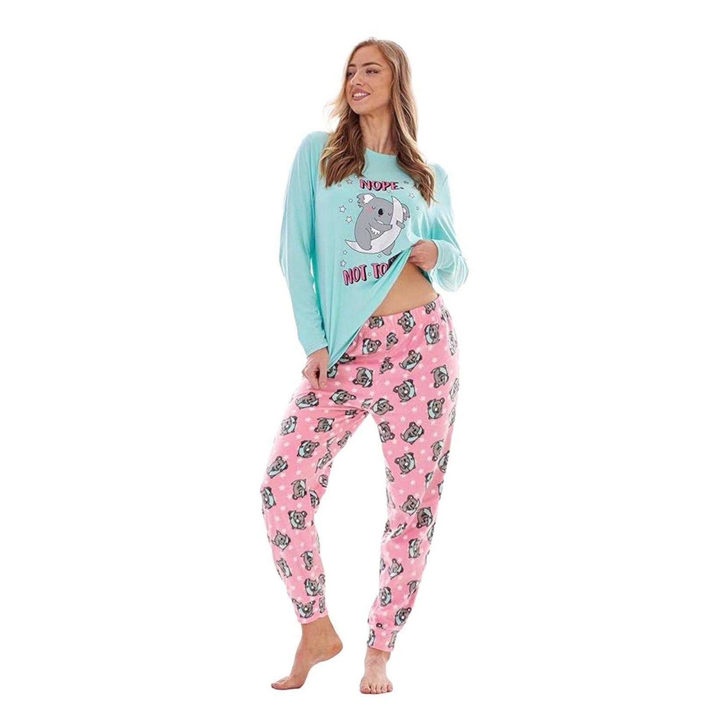 Blue-Pink - Lifestyle - Keanu Womens-Ladies Not Today Koala Microfleece Long Pyjama Set