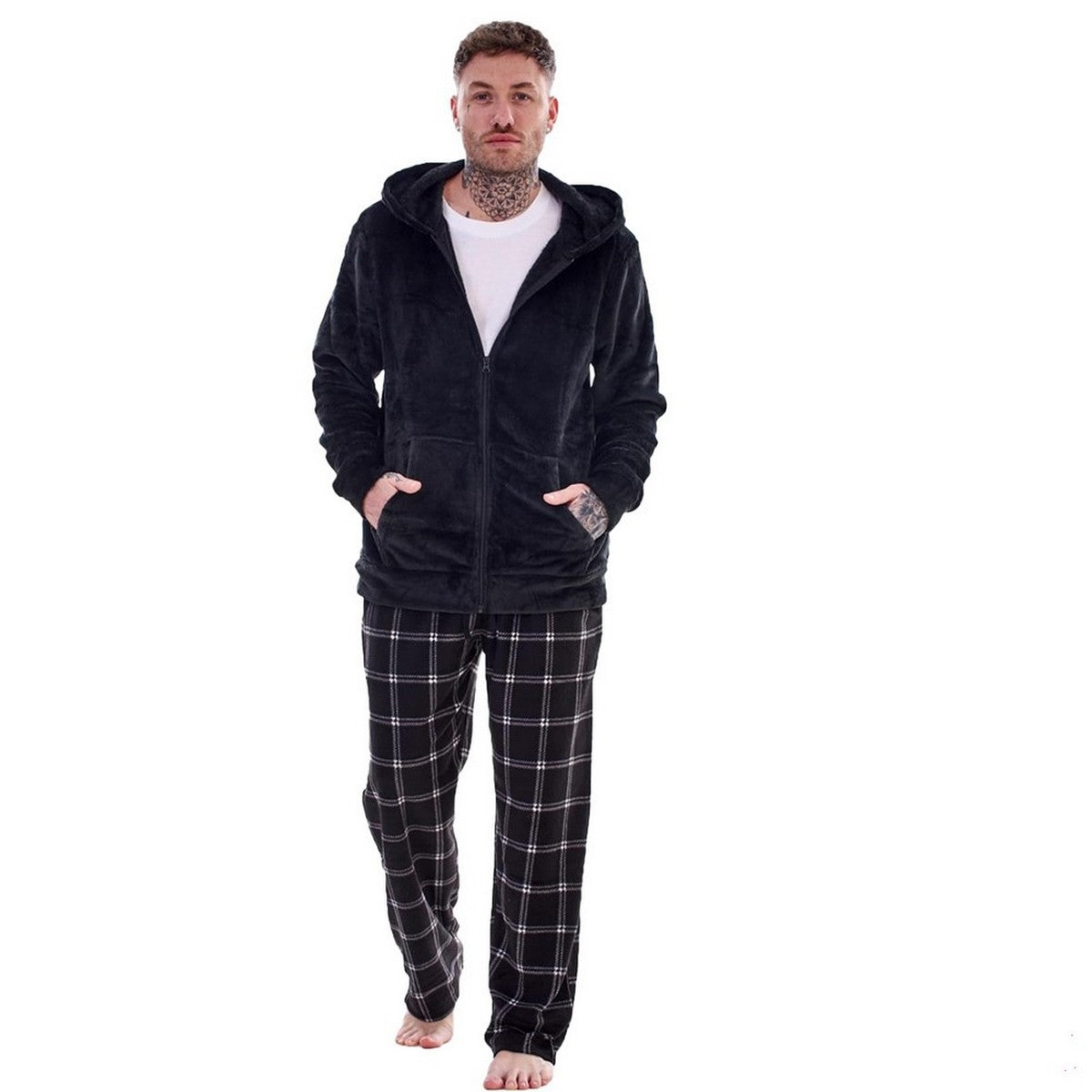 Black - Lifestyle - Keanu Mens Checked Zipped Long Pyjama Set