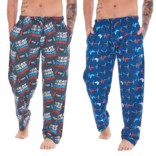 Blue-Grey-Multicoloured - Front - Keanu Mens Eat Sleep Game Repeat Lounge Pants (Pack of 2)