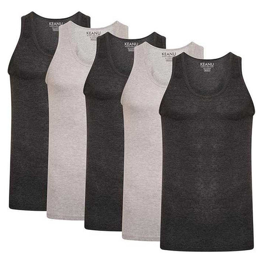 Navy-Charcoal-Black-Grey - Front - Keanu Mens Ribbed Cotton Blend Fitted Vest Top (Pack of 6)