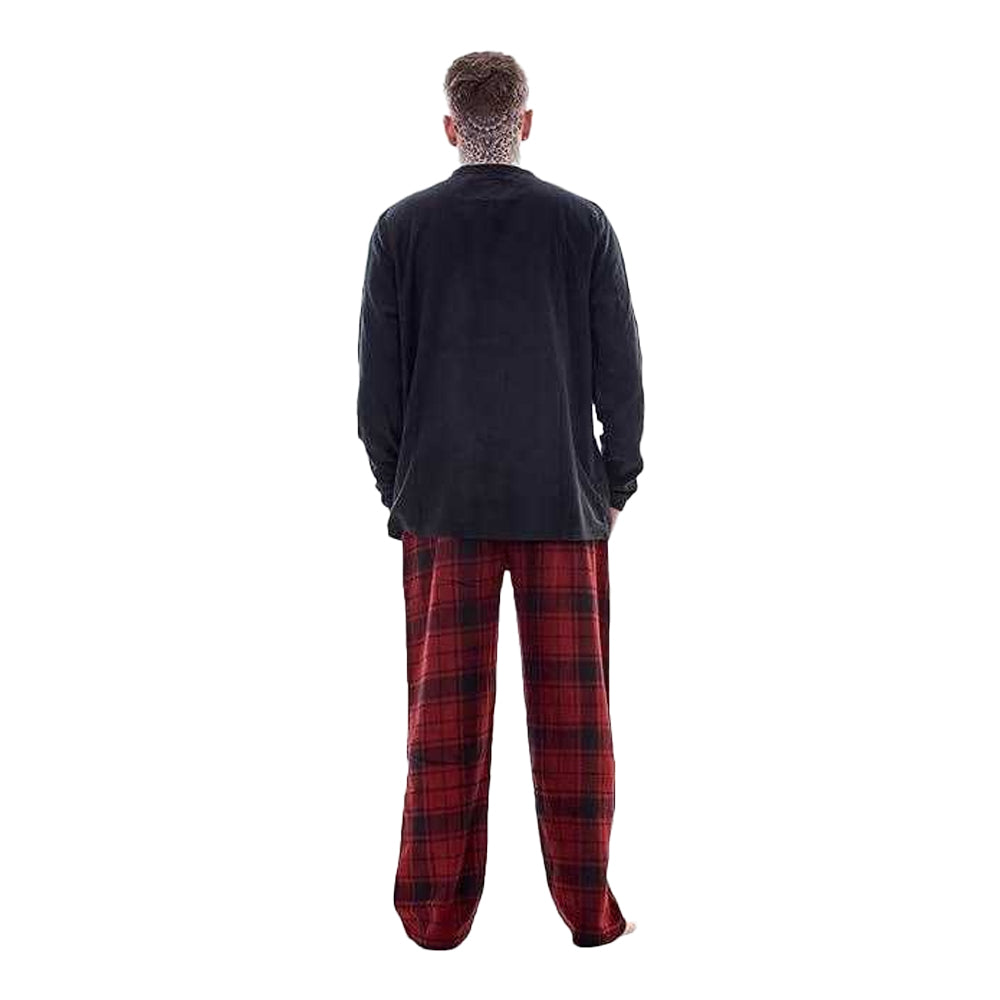 Navy-Red - Back - Keanu Mens Checked Microfleece Long Pyjama Set