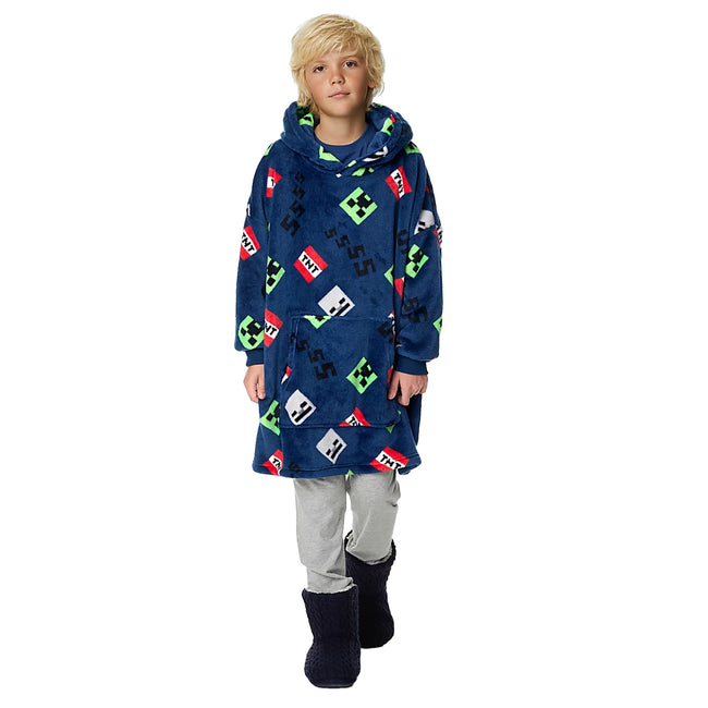 Blue-Green - Side - Minecraft Childrens-Kids Icons Sherpa Fleece Oversized Hoodie Blanket