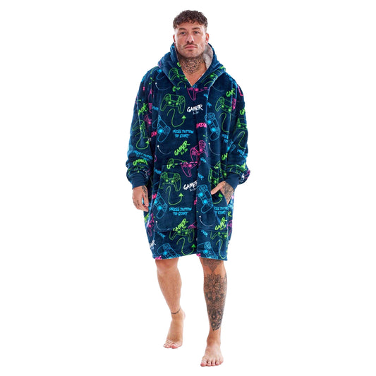 Navy-Multicoloured - Front - Gamer Mens Neon Fleece Oversized Hoodie Blanket