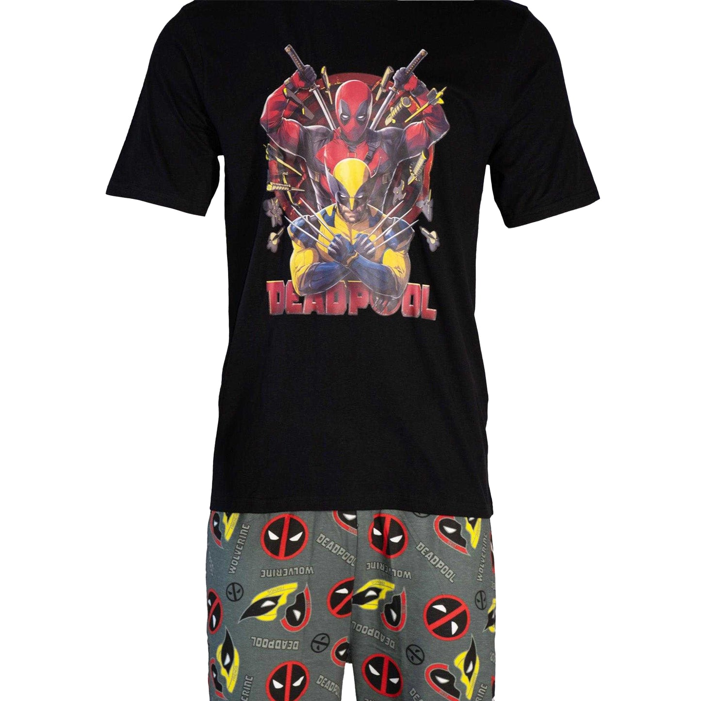 Black-Multicoloured - Lifestyle - Deadpool & Wolverine Mens Action Pose Cotton Pyjama Set