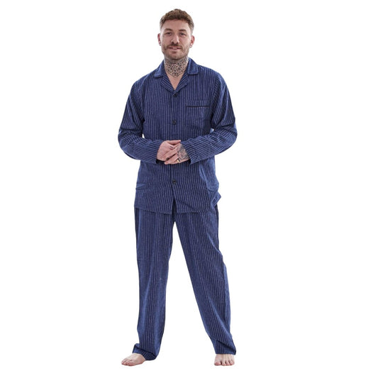 Blue - Front - Keanu Mens Stripe Brushed Long Pyjama Set