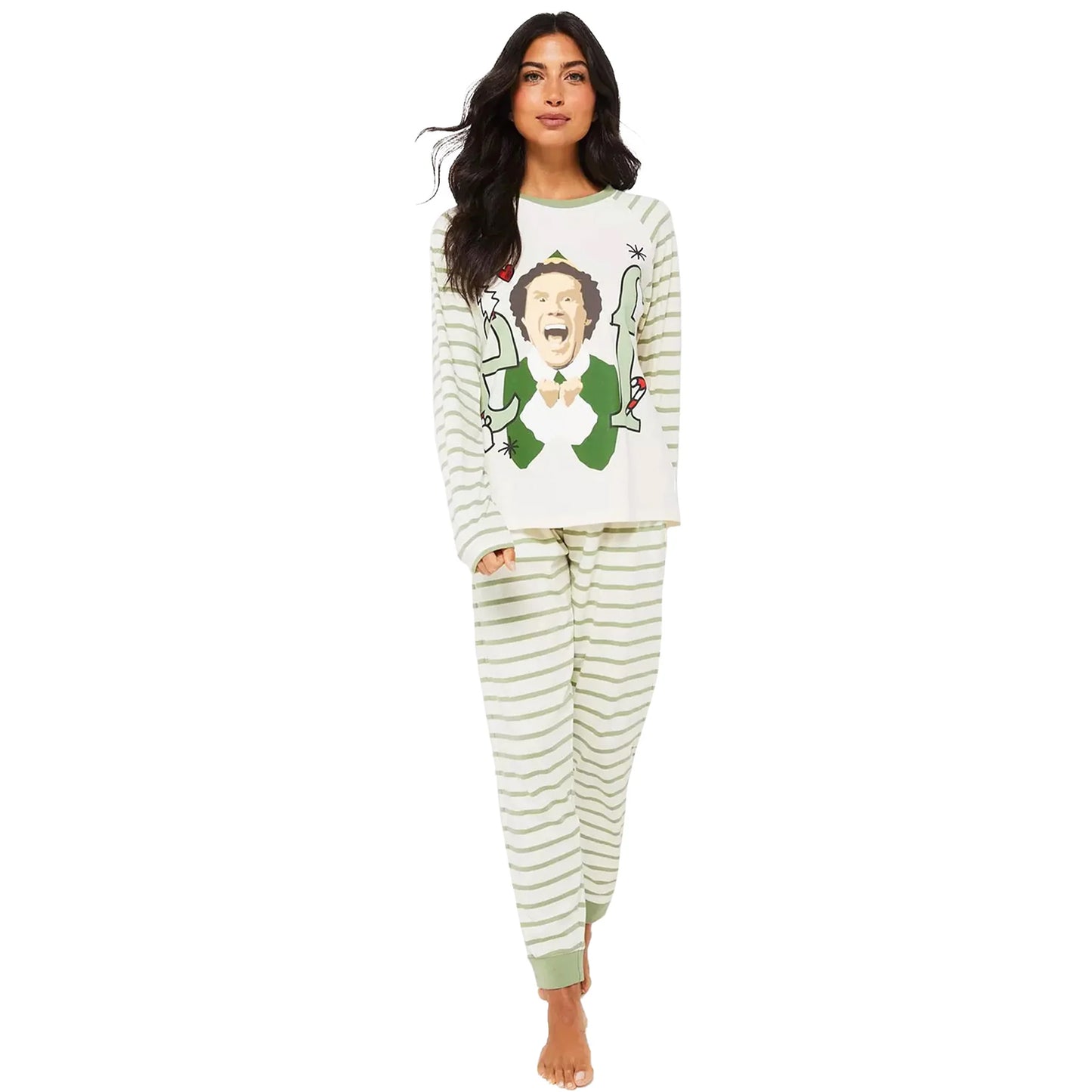 White-Green - Pack Shot - Elf Womens-Ladies Striped Long Pyjama Set