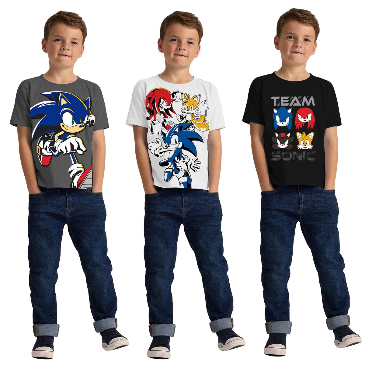 Grey-White-Black - Lifestyle - Sonic The Hedgehog Childrens-Kids Team Sonic Characters T-Shirt (Pack of 3)