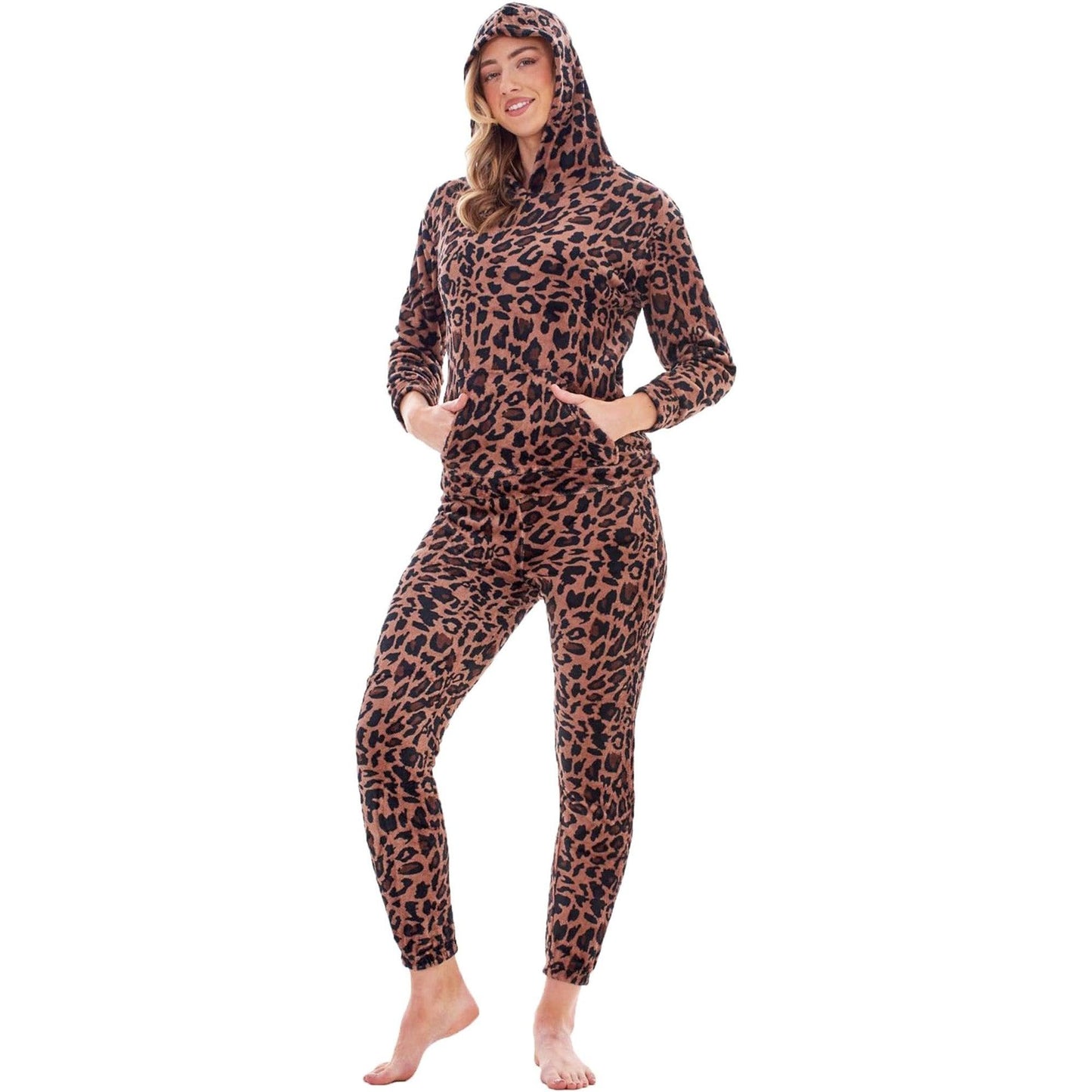 Brown - Side - Keanu Womens-Ladies Leopard Print Fleece Long Pyjama Set