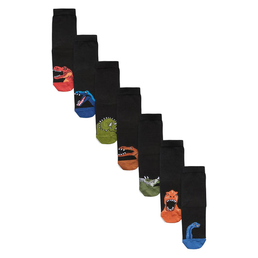 Multicoloured - Front - Ex Store Childrens-Kids Dinosaur Cotton Socks (Pack of 7)