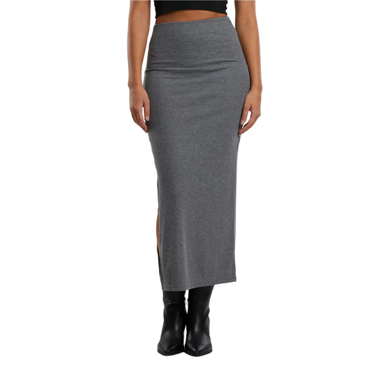 Dark Grey Melange - Front - Urban Classics Womens-Ladies Ribbed High Slit Maxi Skirt