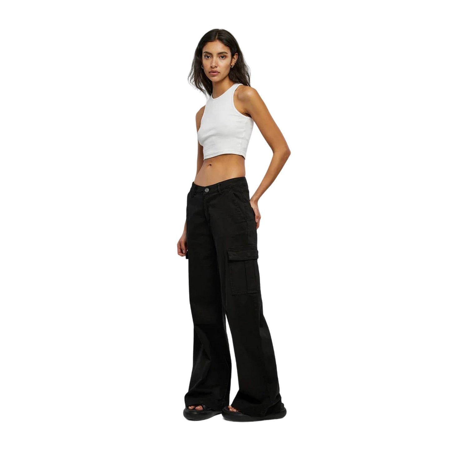 Black - Lifestyle - Urban Classics Womens-Ladies Twill High Waist Wide Leg Cargo Trousers