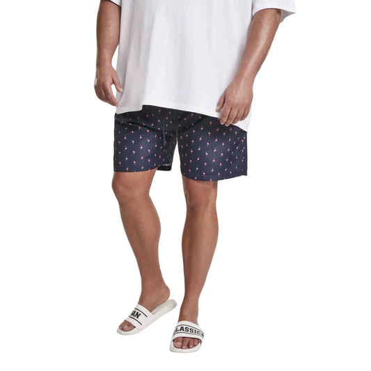 Navy Blue-Pink - Front - Urban Classics Mens Flamingo Swim Shorts