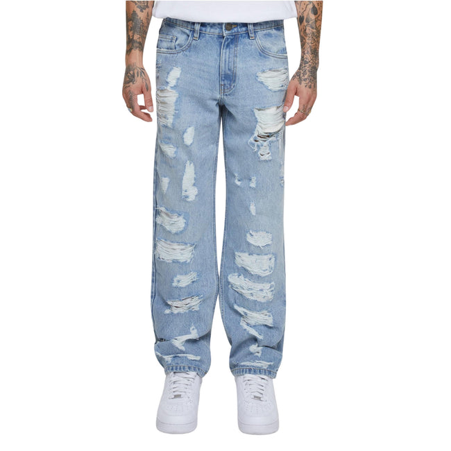 New Light Blue Washed - Front - Urban Classics Mens Heavyweight Ripped Straight Jeans