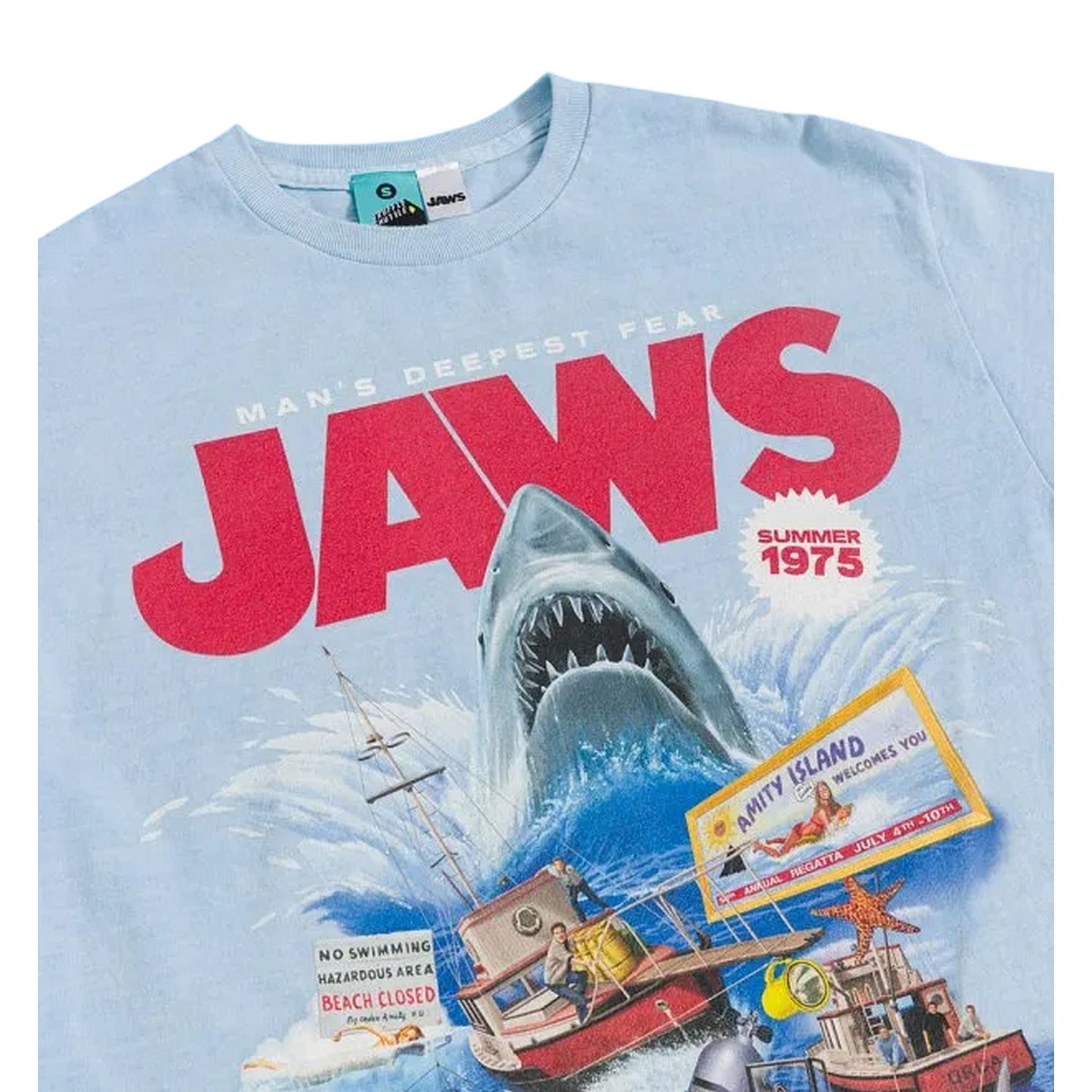 Blue - Side - Jaws Unisex Adult Movie Montage Vintage Wash T-Shirt