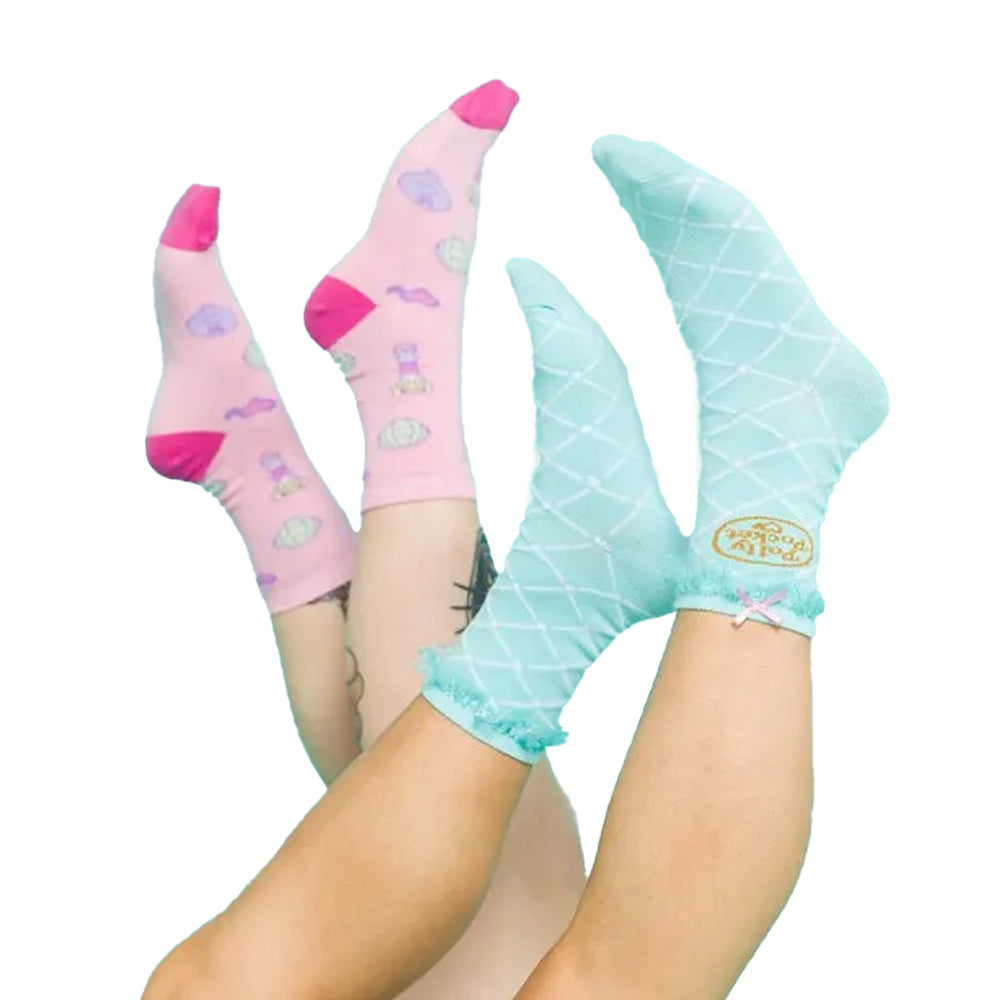 Blue-Pink - Side - Polly Pocket Unisex Adult Crew Socks (Pack of 2)