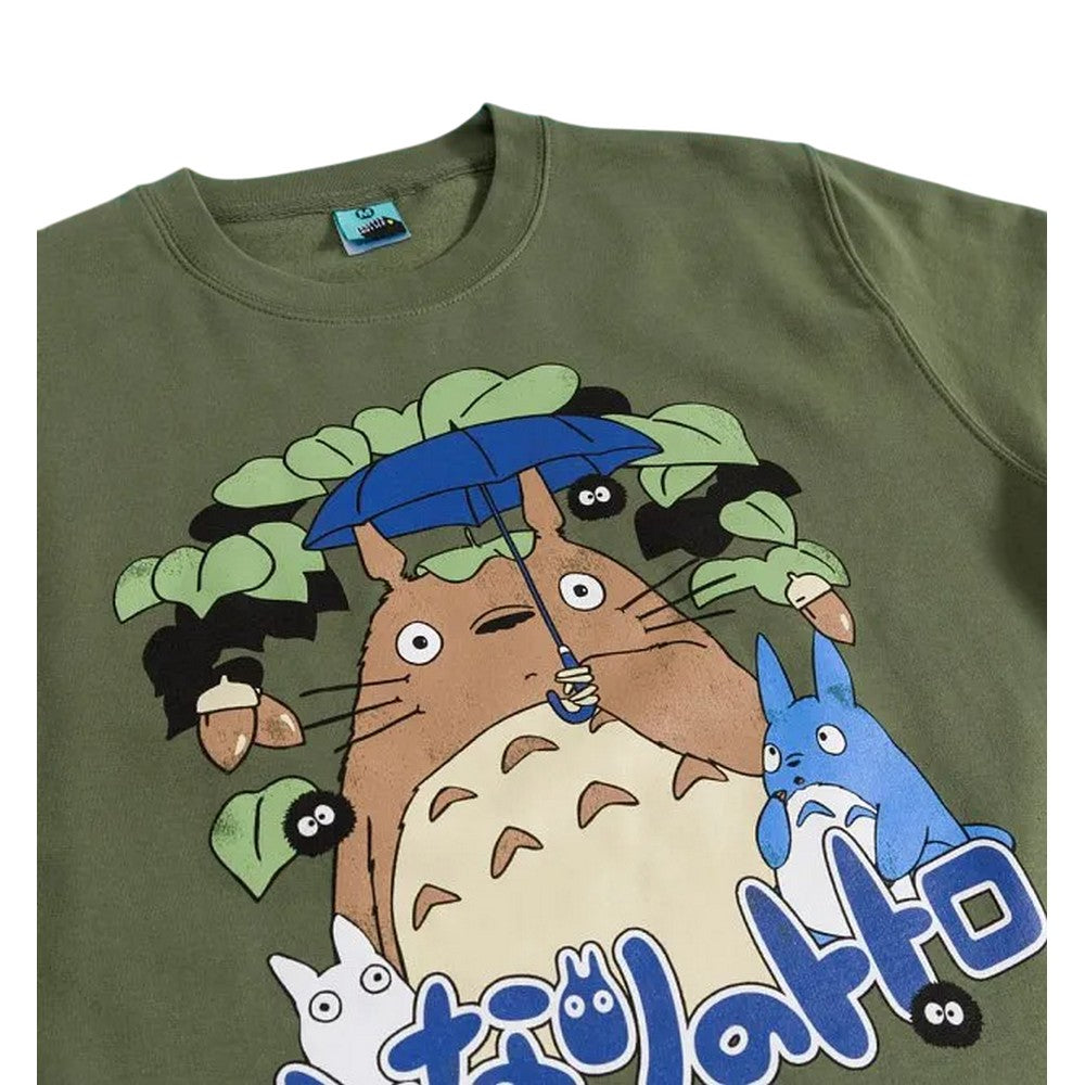 Green - Side - My Neighbour Totoro Unisex Adult Inspired Leafy Scene Sweatshirt