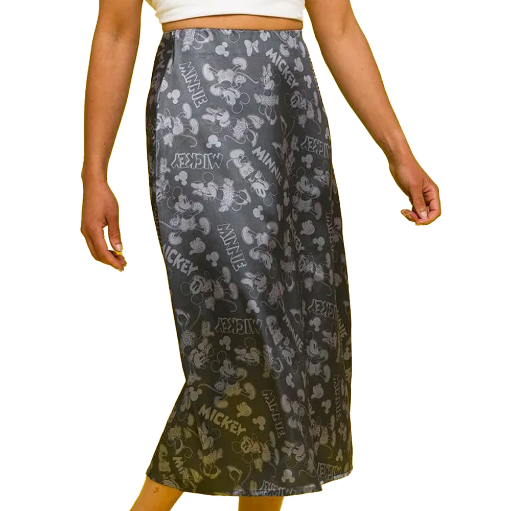 Black - Side - Disney Womens-Ladies Mickey Mouse & Minnie Mouse Patterned Satin Midi Skirt