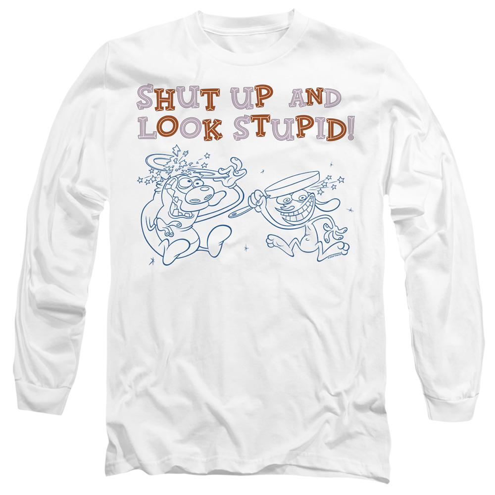 White - Side - Ren & Stimpy Unisex Adult Shut Up And Look Stupid! T-Shirt