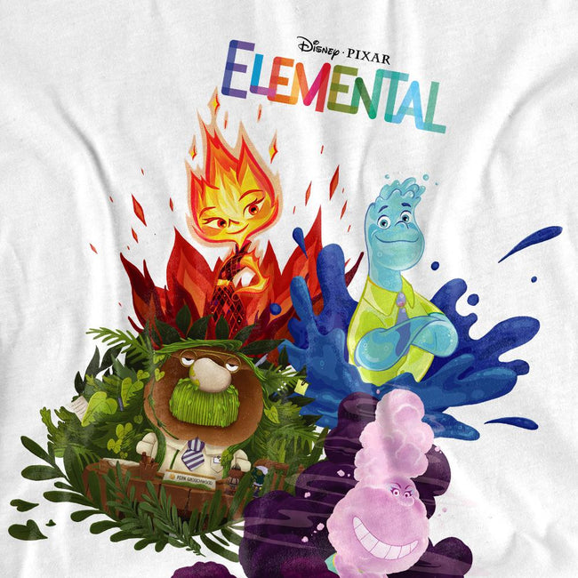 White - Side - Elemental Unisex Adult Ember Wade Gale Grouchwood Group Scene T-Shirt