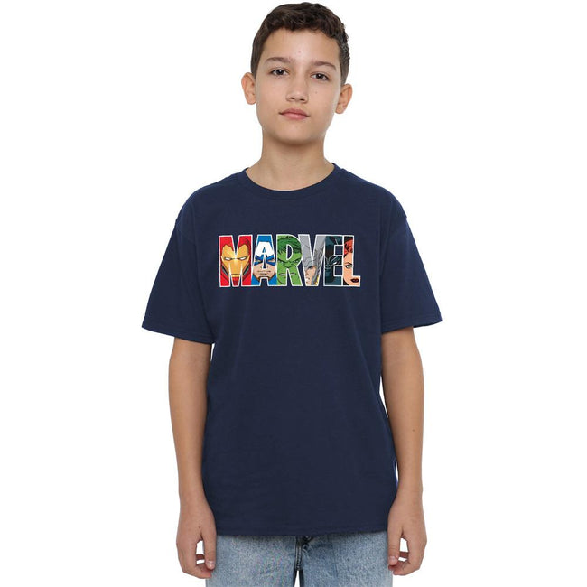 Navy - Side - Marvel Childrens-Kids Character Faces T-Shirt