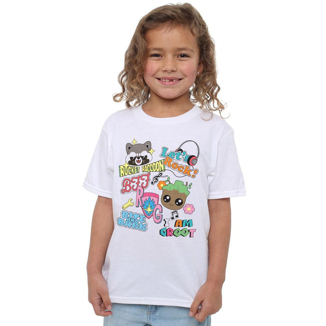 White - Lifestyle - Guardians Of The Galaxy Childrens-Kids Rocket & Groot Stickers T-Shirt