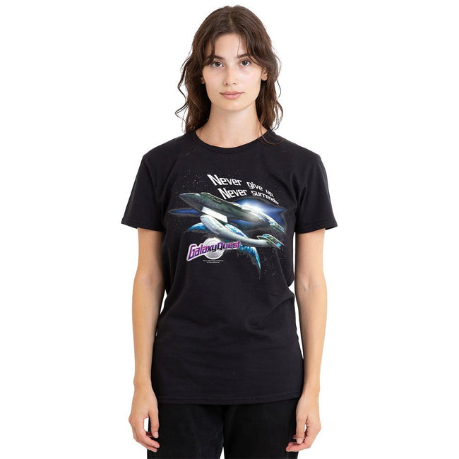 Black - Side - Galaxy Quest Unisex Adult Never Surrender T-Shirt