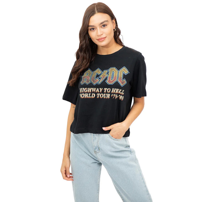 Black - Side - AC-DC Womens-Ladies Highway To Hell Logo Boxy Crop Top