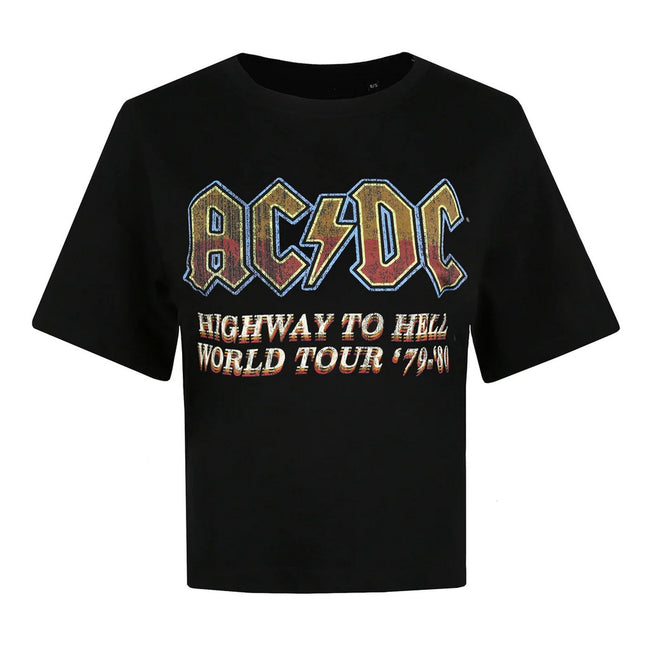 Black - Front - AC-DC Womens-Ladies Highway To Hell Logo Boxy Crop Top
