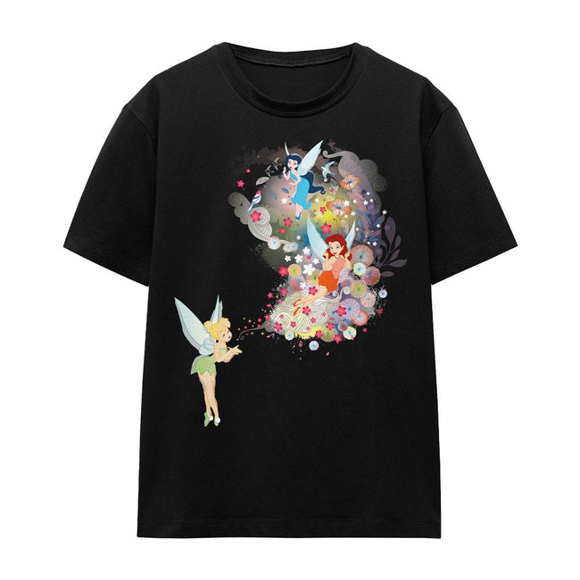 Black - Front - Disney Fairies Unisex Adult Fun Tinker Bell Rosetta Silvermist Floral T-Shirt
