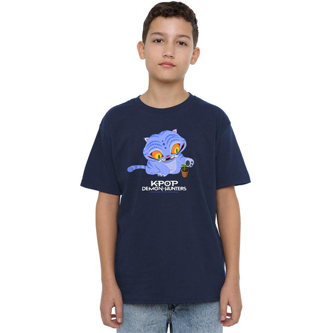 Navy - Front - K-Pop Demon Hunters Childrens-Kids Cute Derpy Tiger T-Shirt