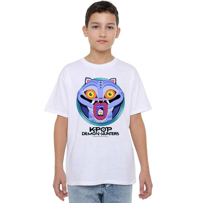 White - Pack Shot - K-Pop Demon Hunters Childrens-Kids Save The Date Derpy Tiger Cartoon T-Shirt