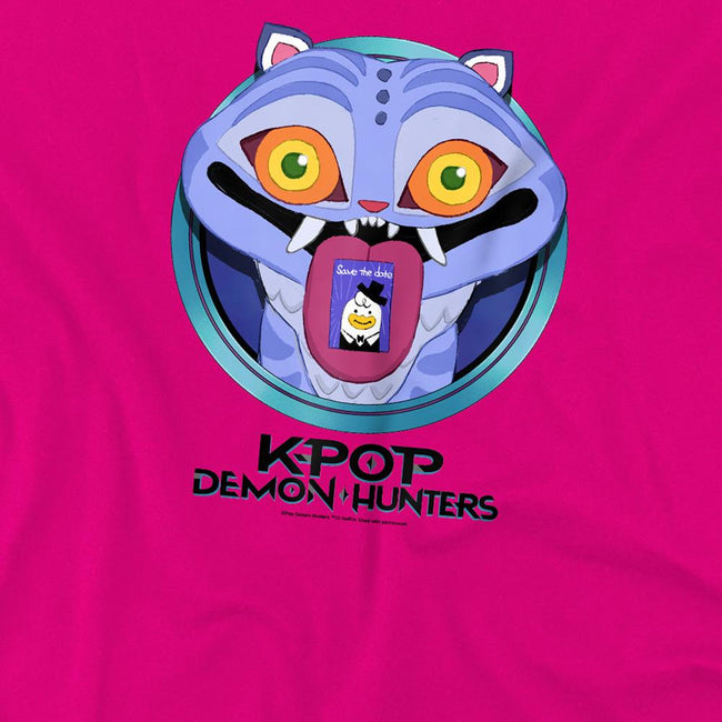 Fuchsia - Side - K-Pop Demon Hunters Childrens-Kids Save The Date Derpy Tiger Cartoon T-Shirt