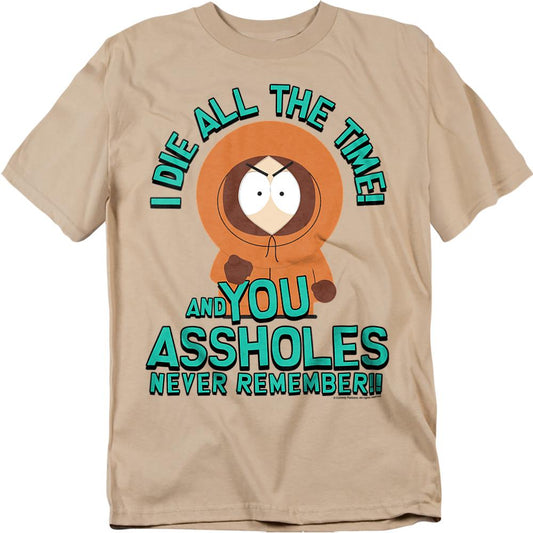 Sand - Front - South Park Unisex Adult You Assholes Never Remember! T-Shirt