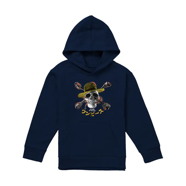 Navy - Front - One Piece Childrens-Kids Jolly Roger Straw Hat Hoodie