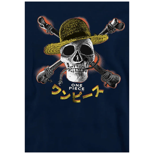 Navy - Side - One Piece Childrens-Kids Jolly Roger Straw Hat Hoodie