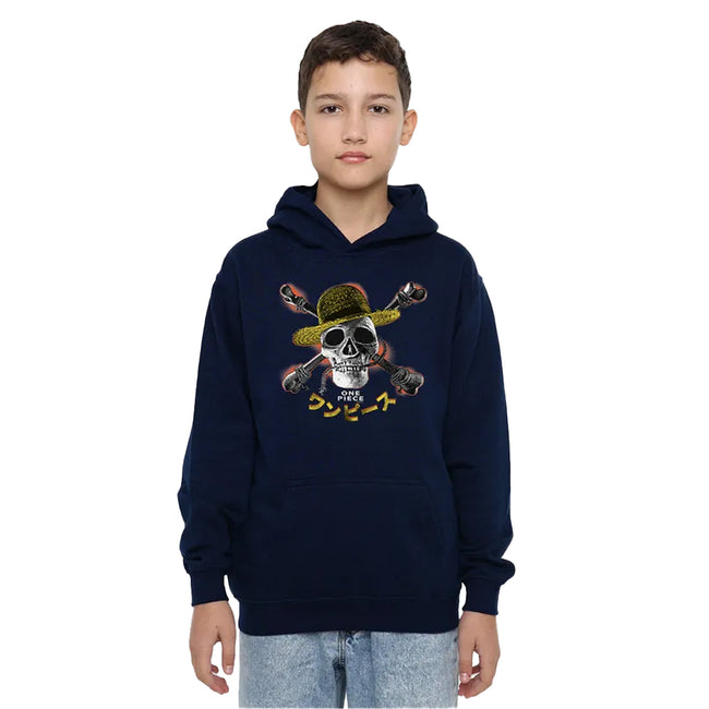 Navy - Lifestyle - One Piece Childrens-Kids Jolly Roger Straw Hat Hoodie