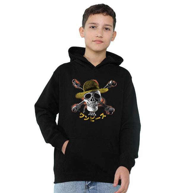 Black - Lifestyle - One Piece Childrens-Kids Jolly Roger Straw Hat Hoodie