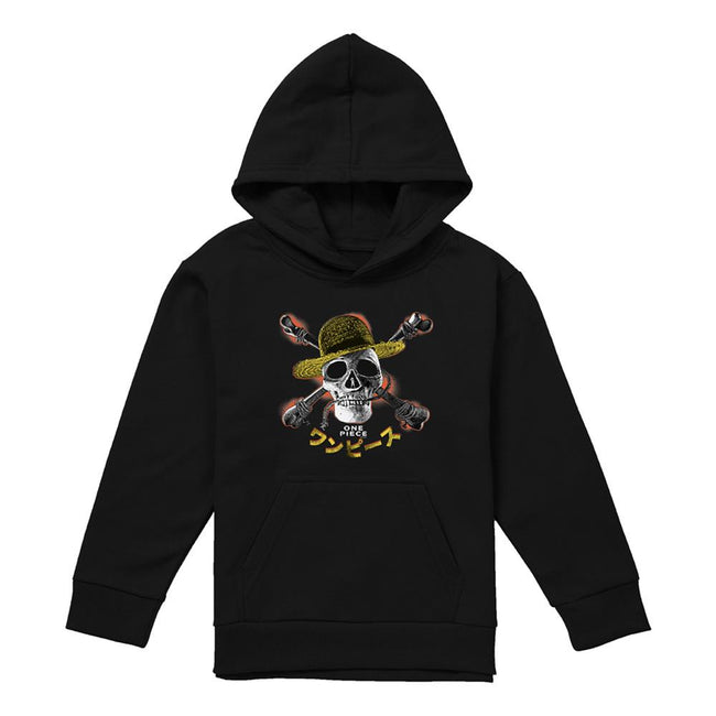 Black - Front - One Piece Childrens-Kids Jolly Roger Straw Hat Hoodie