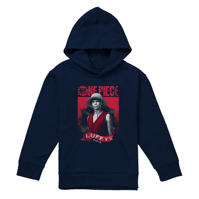 Navy - Front - One Piece Live Action Childrens-Kids Luffy Portrait Hoodie