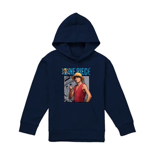 Navy - Front - One Piece Live Action Childrens-Kids Luffy Hoodie