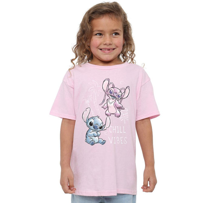 Light Pink - Front - Lilo & Stitch Girls Chill Vibes Stitch & Angel Sketch T-Shirt
