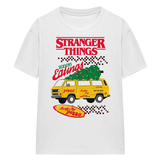 White - Front - Stranger Things Womens-Ladies Seasons Eatings Pizza T-Shirt