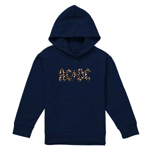Navy - Front - AC-DC Childrens-Kids Leopard Print Pull Over Hoodie