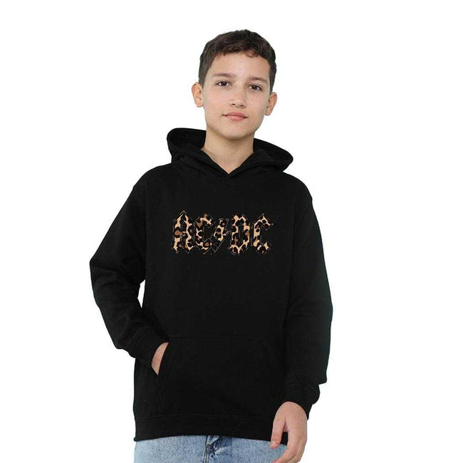 Black - Lifestyle - AC-DC Childrens-Kids Leopard Print Pull Over Hoodie