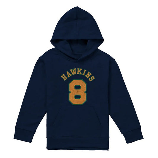 Navy - Front - Stranger Things Childrens-Kids Hawkins No 8 Pullover Hoodie
