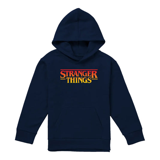 Navy - Front - Stranger Things Childrens-Kids Sunset Logo Pullover Hoodie